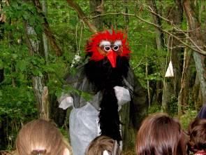 Die Fantasiefigur Grududu mit rotem Federschopf im Wald