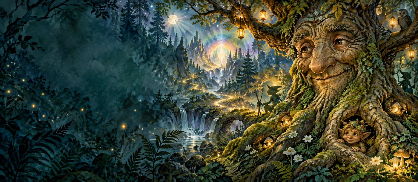 Gemalter Zauberwald: ein uralter Baum mit freundlichem Gesicht, Laternen in den Ästen, ein Wichtel zwischen den Wurzeln